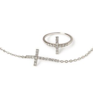 Silver Rhinestone Cross Crucifix Bracelet and Ring Set